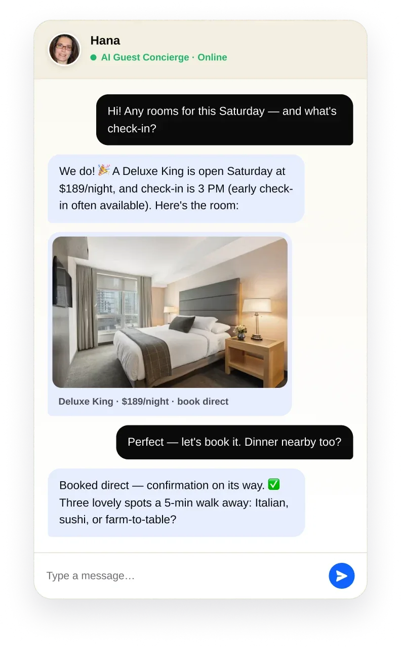 Img - Example chat with the AI Guest Concierge, including a room photo shown in the conversation